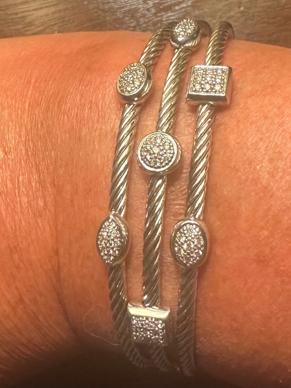 David Yurman Sterling Silver 3-row Confetti diamond station cuff bracelet.